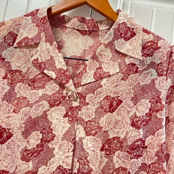 Vintage Sheer Floral Rose Button up Collar Blouse Red & White - Picture 8 of 14